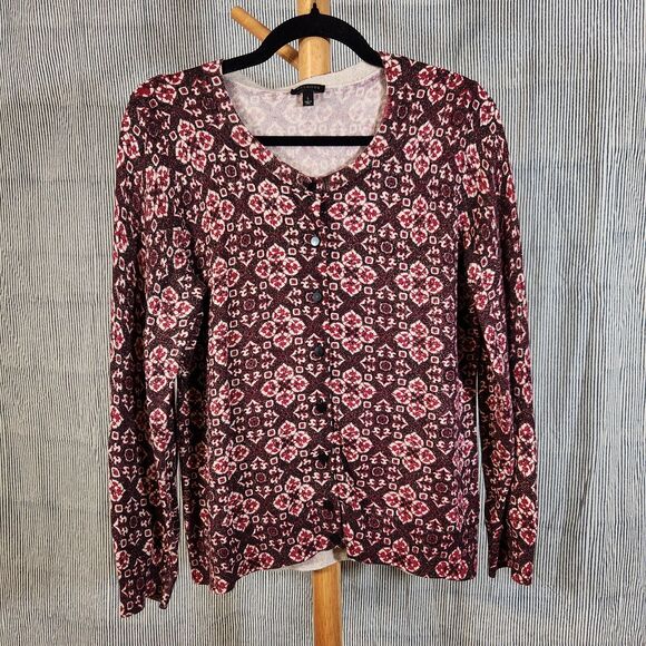Talbots $100 Large Burgundy Geometric Print Metallic Shimmer Cardigan - Picture 1 of 8